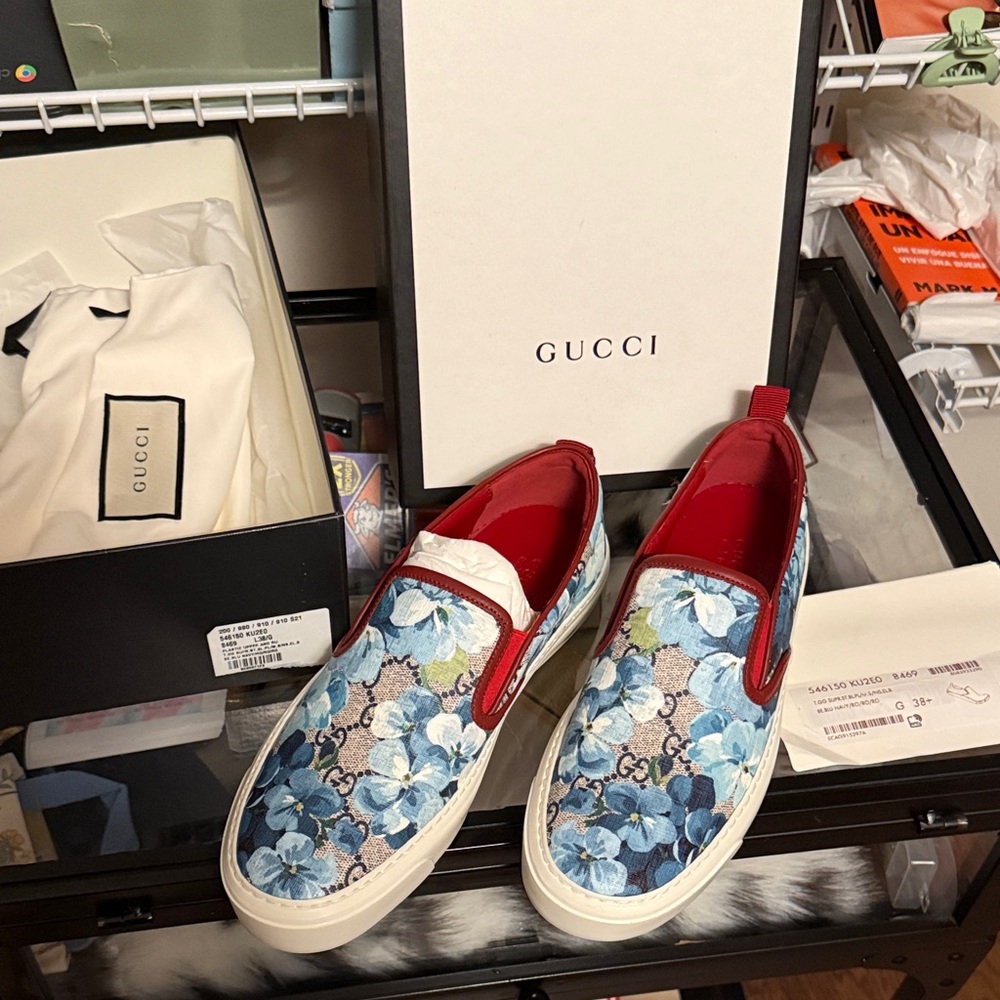 Gucci Blue and Red Floral Slip-Ons